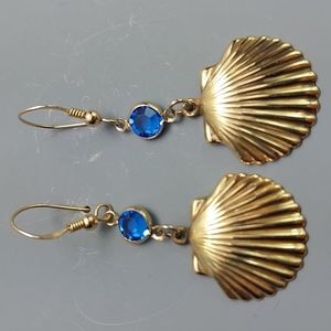 Vintage shell dangles with blue glass stone Earrings